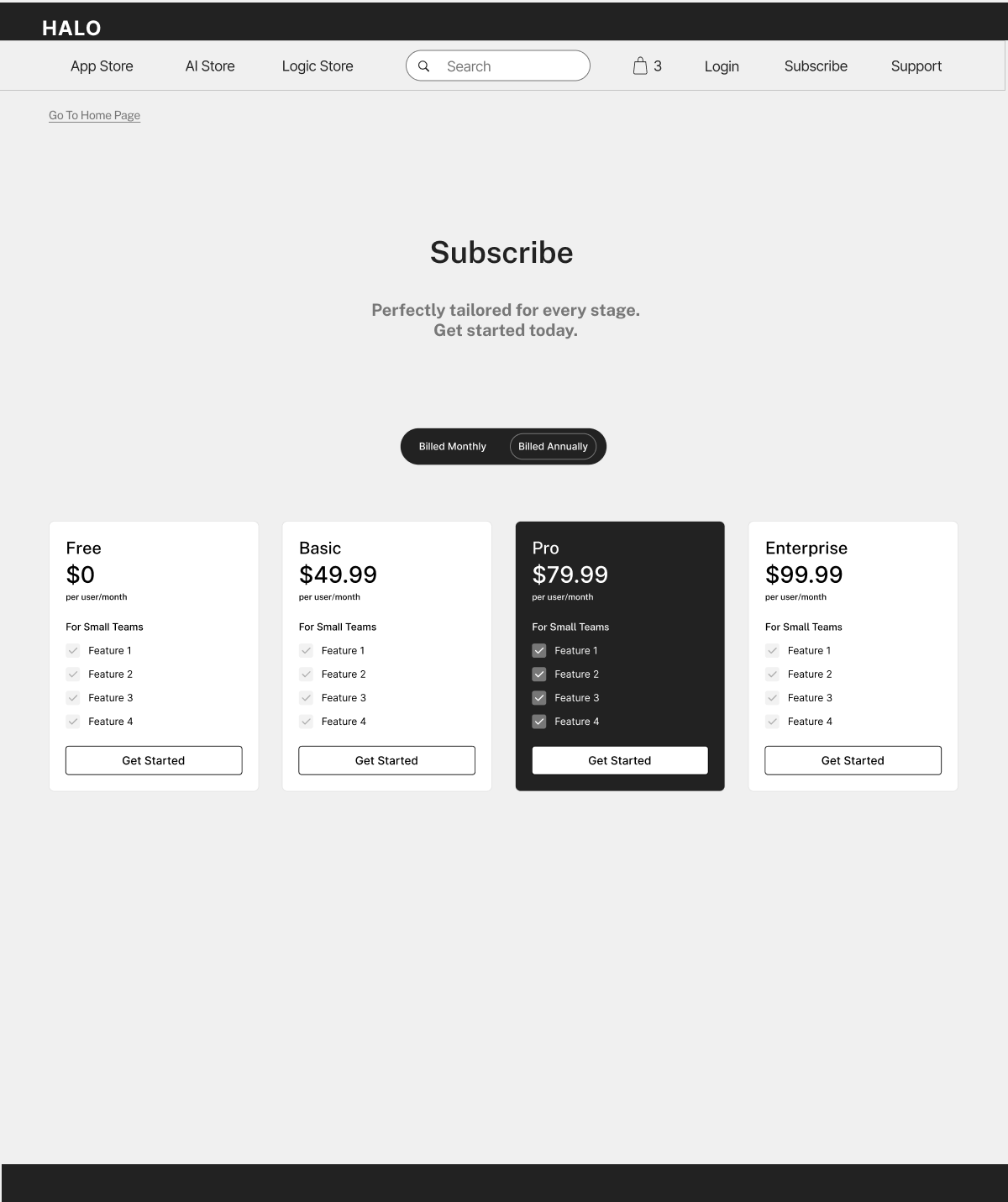 Subscription pricing wireframe